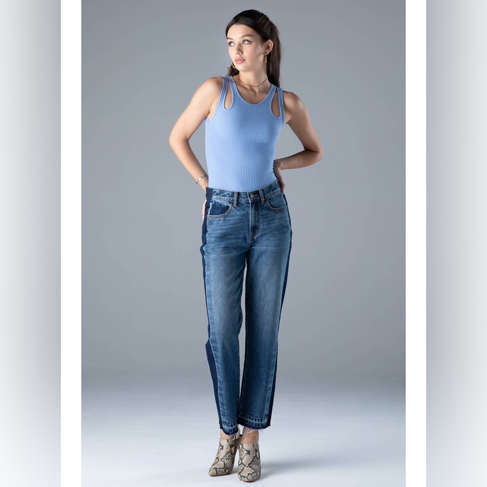 High Rise Cotton Jean Boyfriend Color Block Pant Boho Chic women 32 Large - Picture 3 of 5